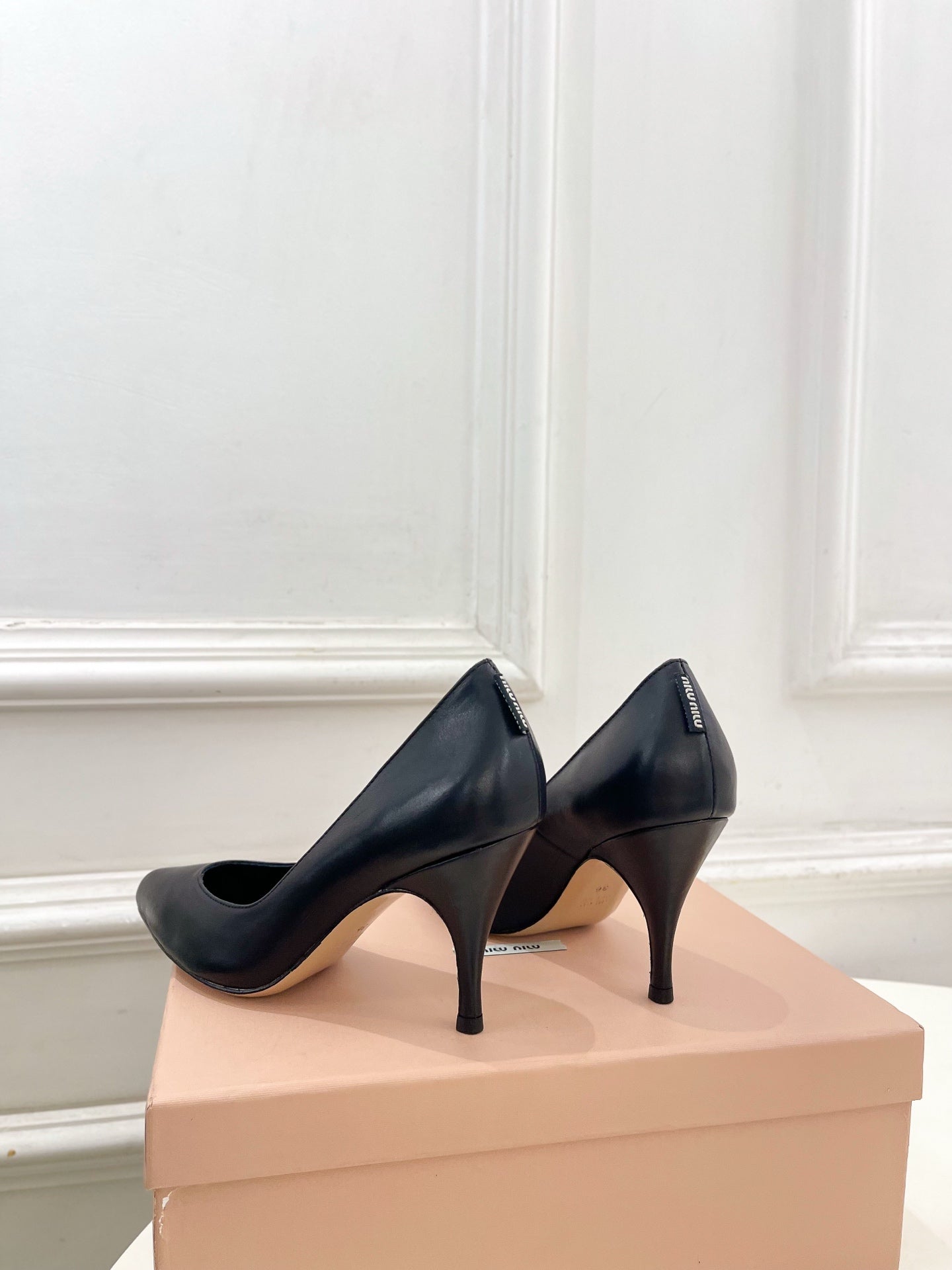 MIUMIU 26S POINTED TOE HIGH HEELS 85MM IN BLACK CALFSKIN