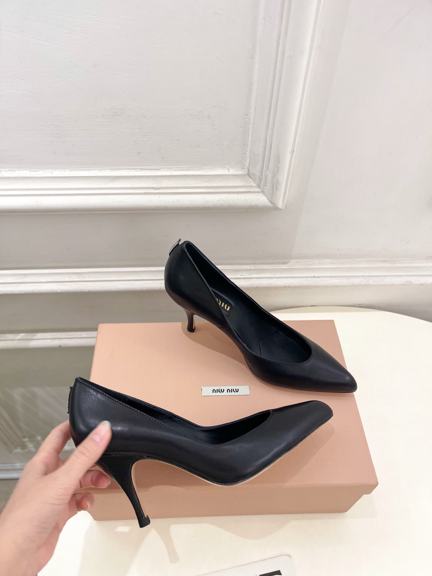 MIUMIU 26S POINTED TOE HIGH HEELS 85MM IN BLACK CALFSKIN