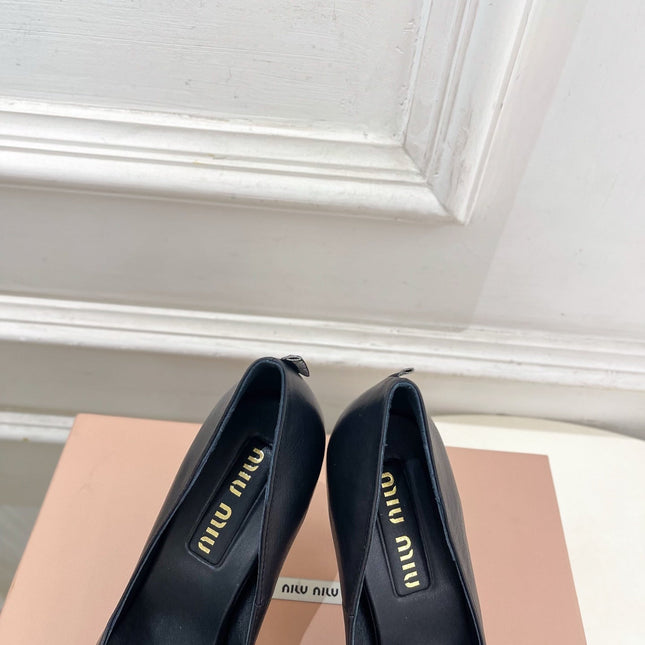 MIUMIU 26S POINTED TOE HIGH HEELS 85MM IN BLACK CALFSKIN