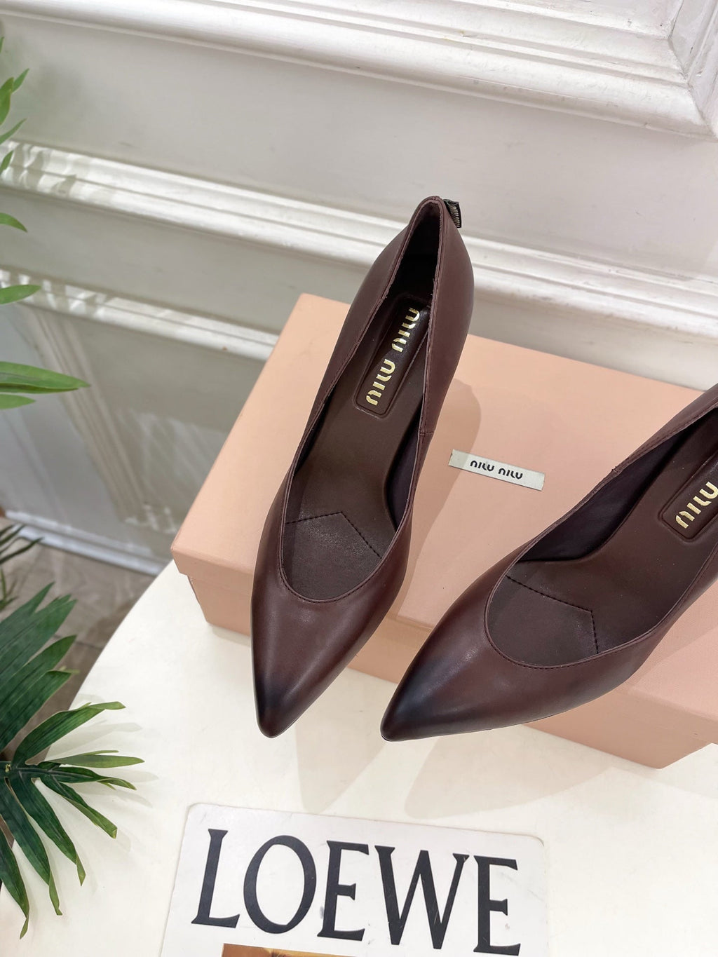 MIUMIU 26S POINTED TOE HIGH HEELS 85MM IN CHOCOLATE BROWN CALFSKIN