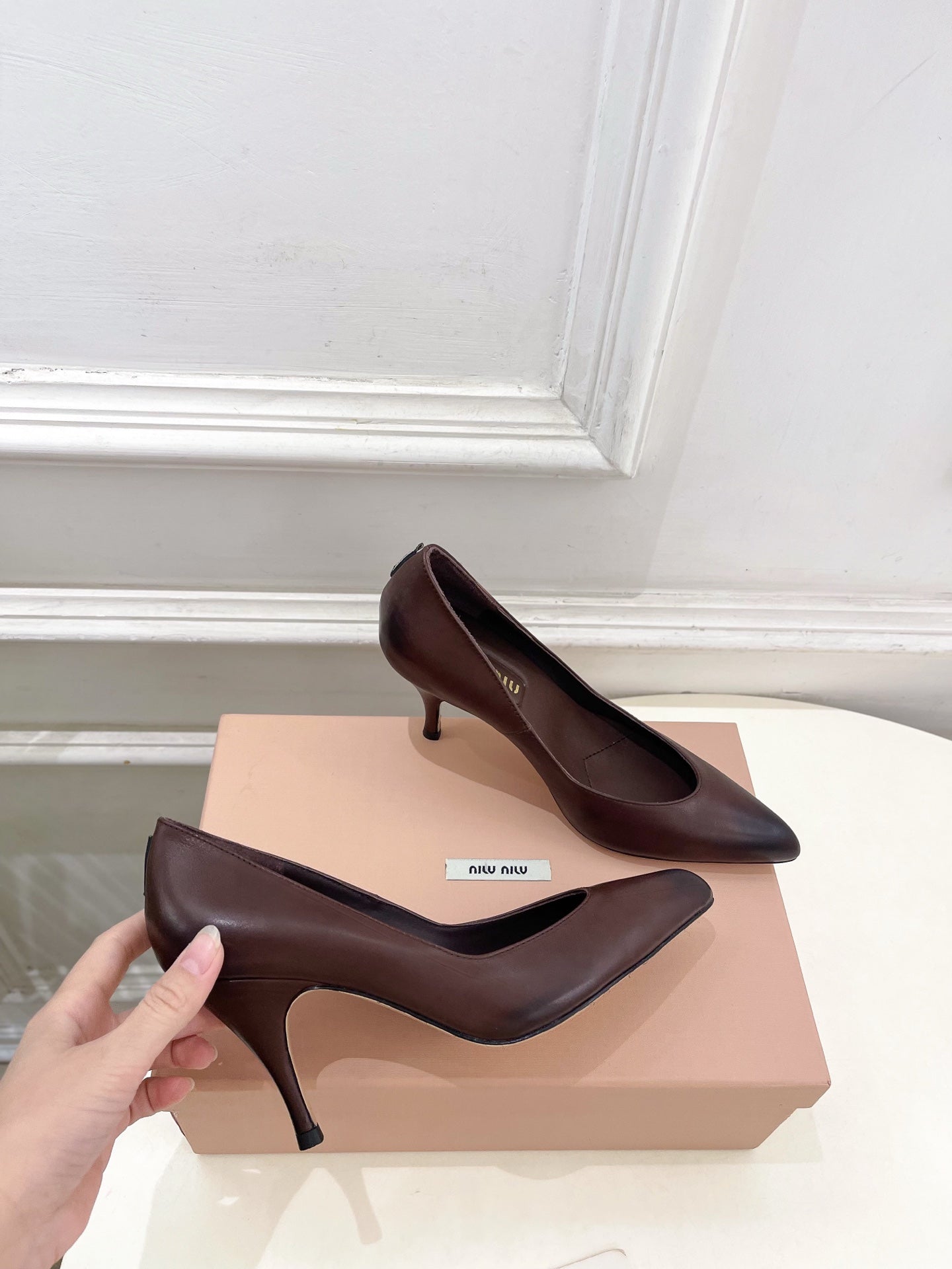 MIUMIU 26S POINTED TOE HIGH HEELS 85MM IN CHOCOLATE BROWN CALFSKIN