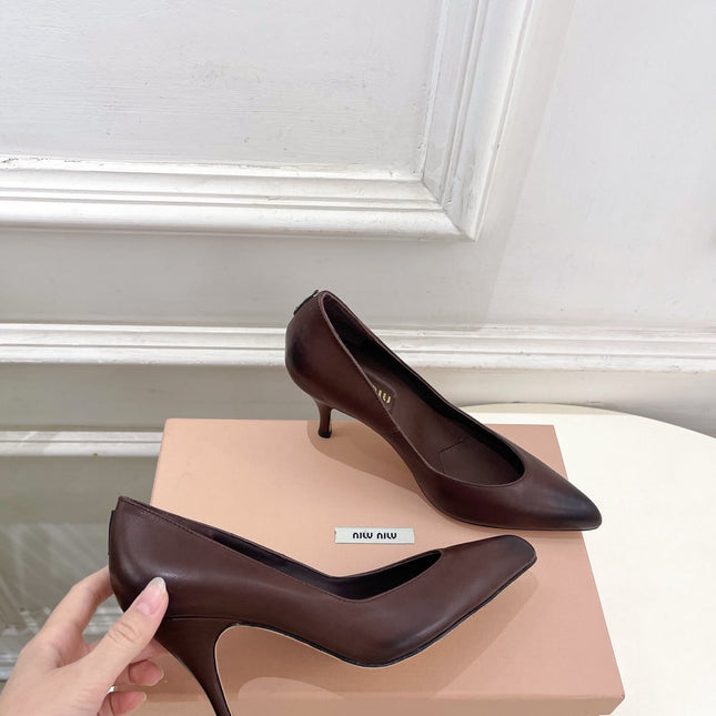 MIUMIU 26S POINTED TOE HIGH HEELS 85MM IN CHOCOLATE BROWN CALFSKIN