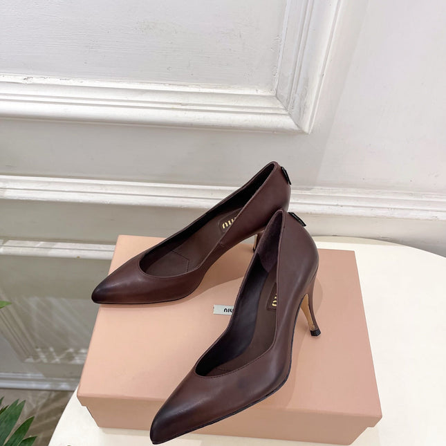 MIUMIU 26S POINTED TOE HIGH HEELS 85MM IN CHOCOLATE BROWN CALFSKIN