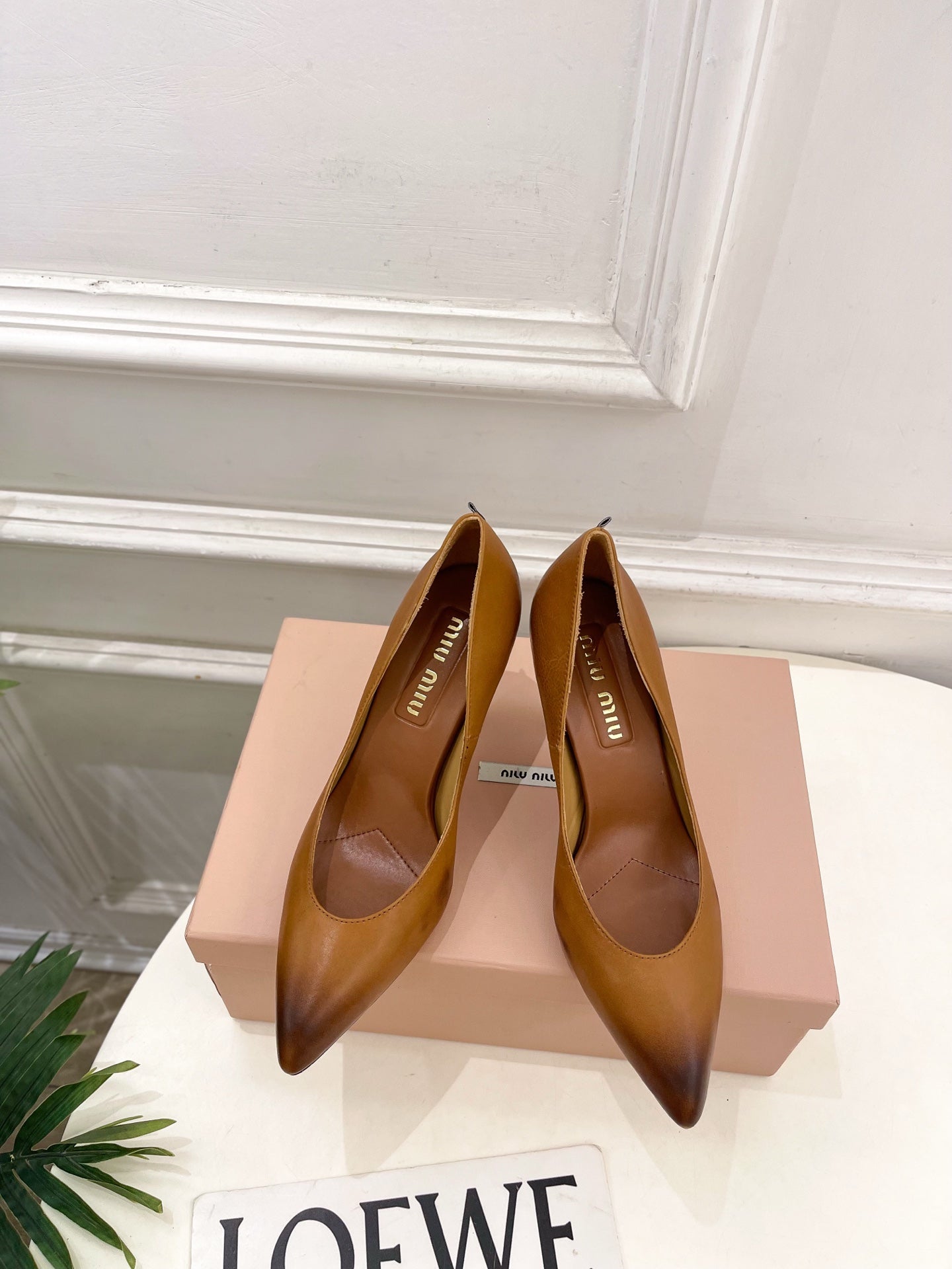 MIUMIU 26S POINTED TOE HIGH HEELS 85MM IN BROWN COGNAC CALFSKIN