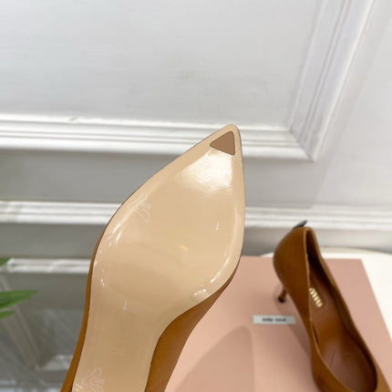 MIUMIU 26S POINTED TOE HIGH HEELS 85MM IN BROWN COGNAC CALFSKIN