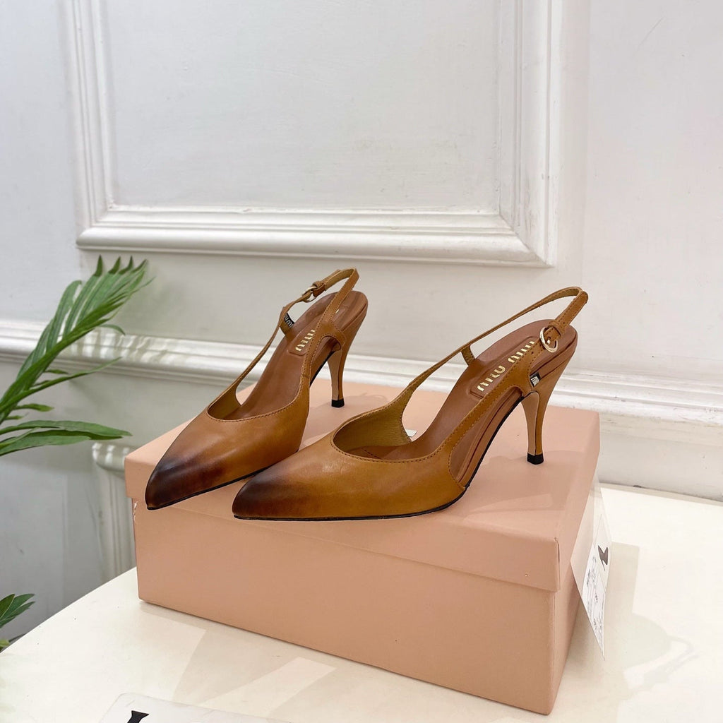 MIUMIU 26S SLINGBACK PUMPS 85MM IN BROWN COGNAC CALFSKIN