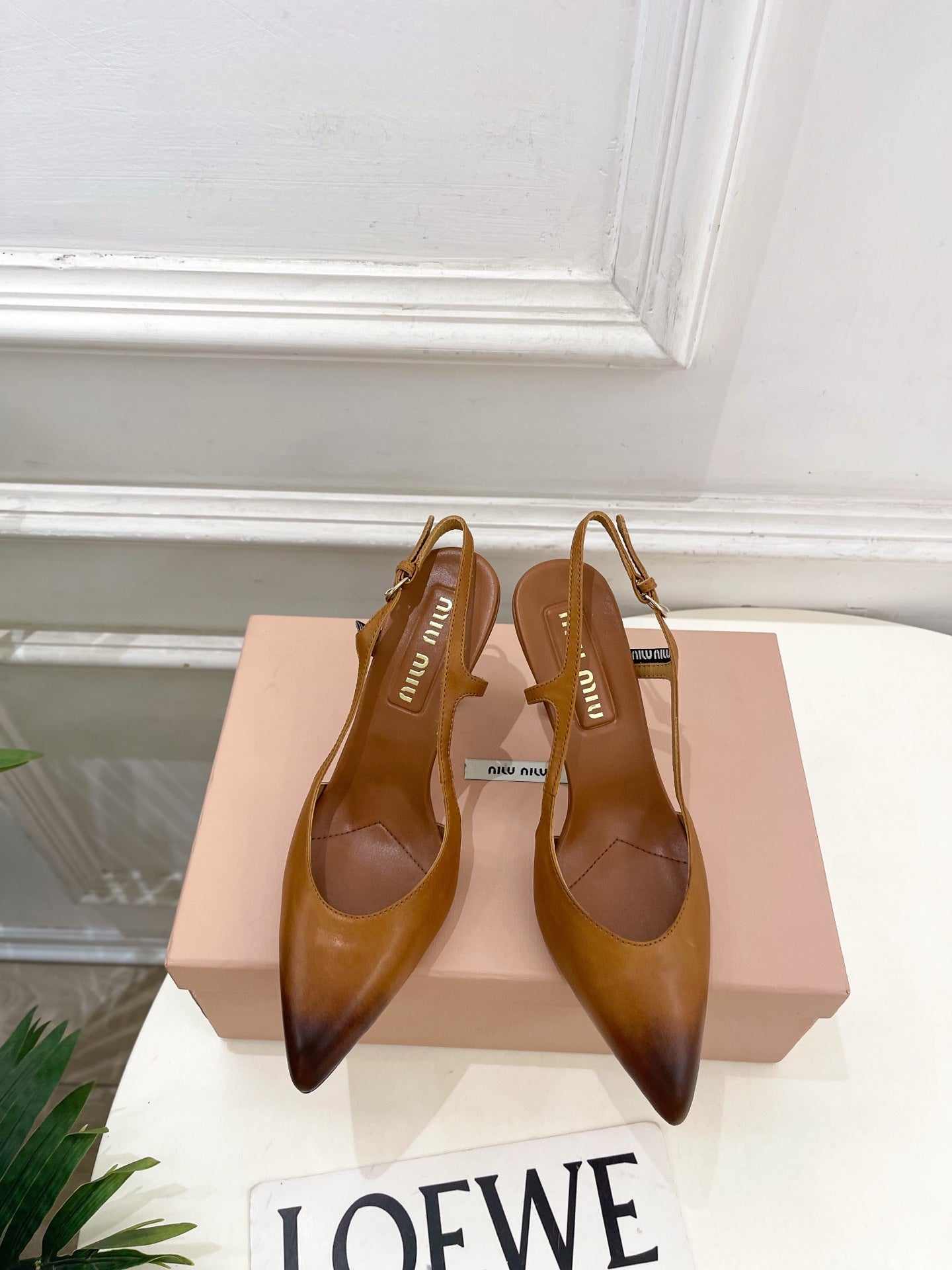 MIUMIU 26S SLINGBACK PUMPS 85MM IN BROWN COGNAC CALFSKIN