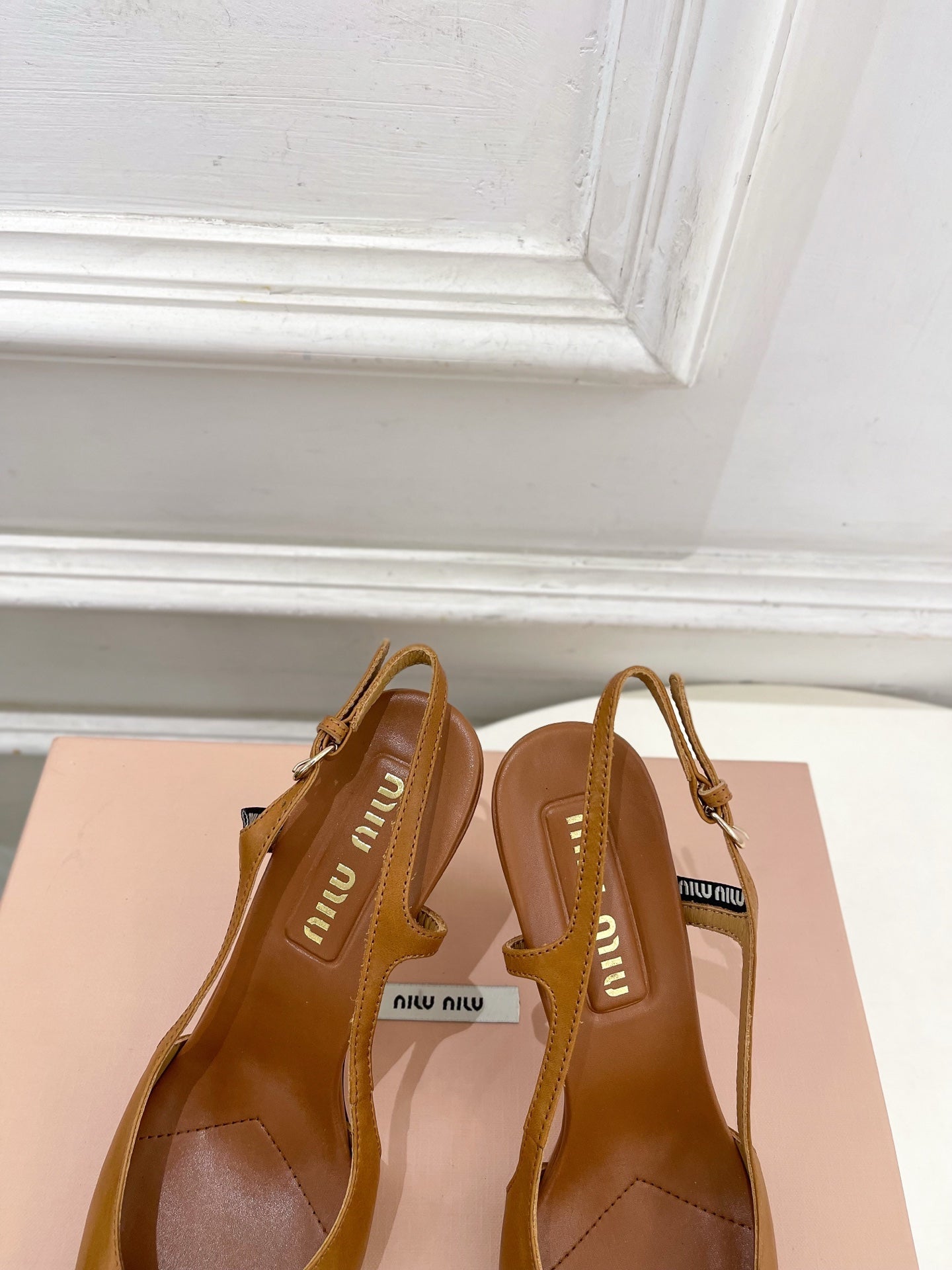 MIUMIU 26S SLINGBACK PUMPS 85MM IN BROWN COGNAC CALFSKIN