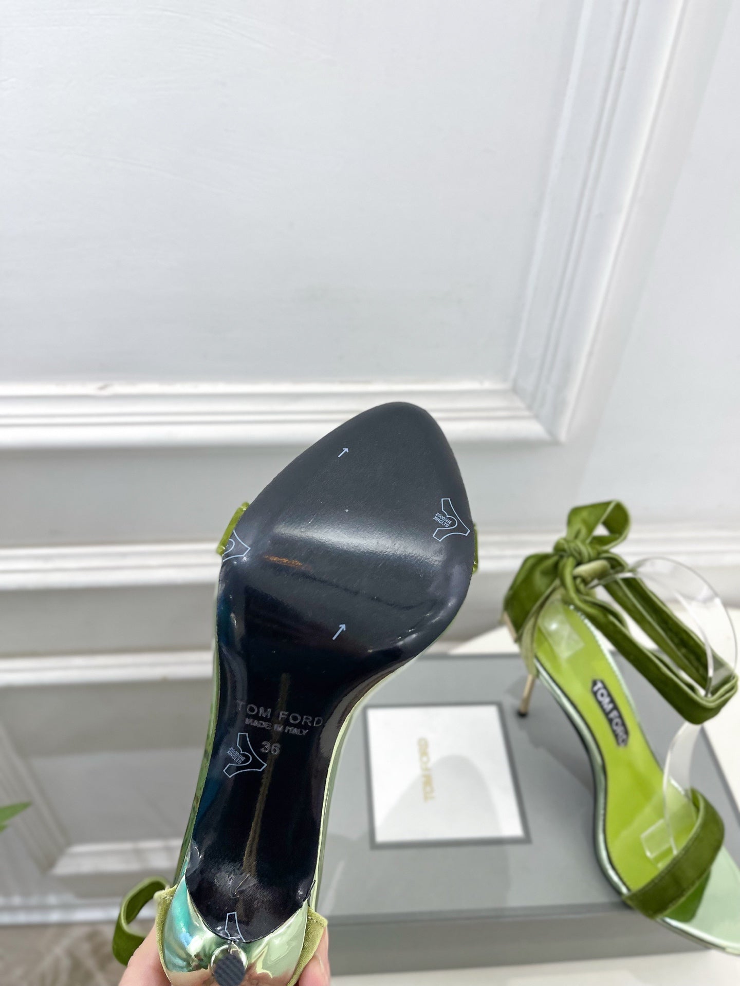 TOM FORD 26S HIGH-HEELED SANDALS 105 MM IN GREEN FABRIC AND CALFSKIN