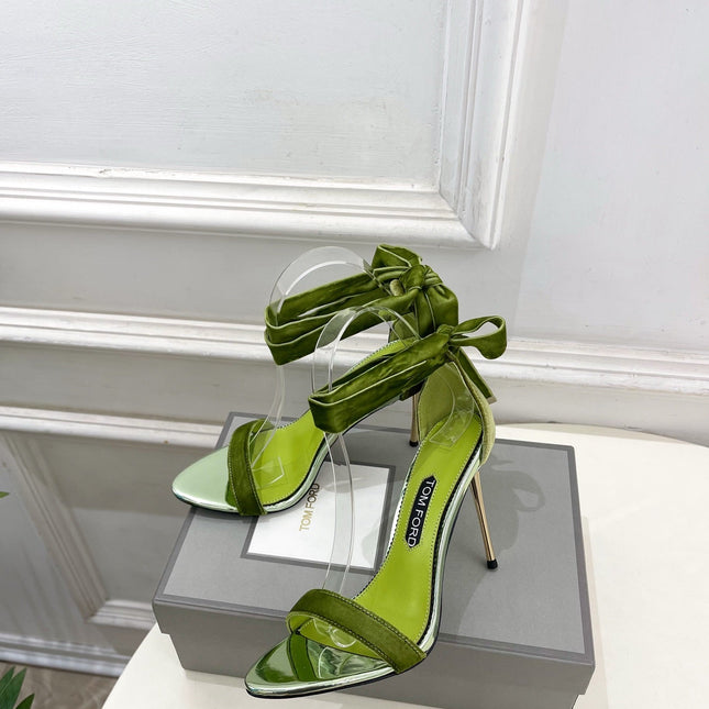 TOM FORD 26S HIGH-HEELED SANDALS 105 MM IN GREEN FABRIC AND CALFSKIN