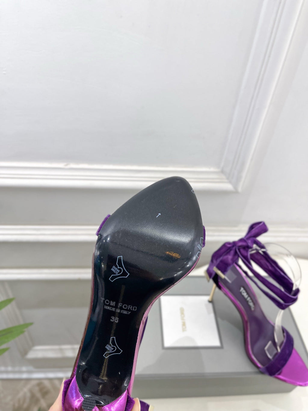 TOM FORD 26S HIGH-HEELED SANDALS 105 MM IN PURPLE FABRIC AND CALFSKIN