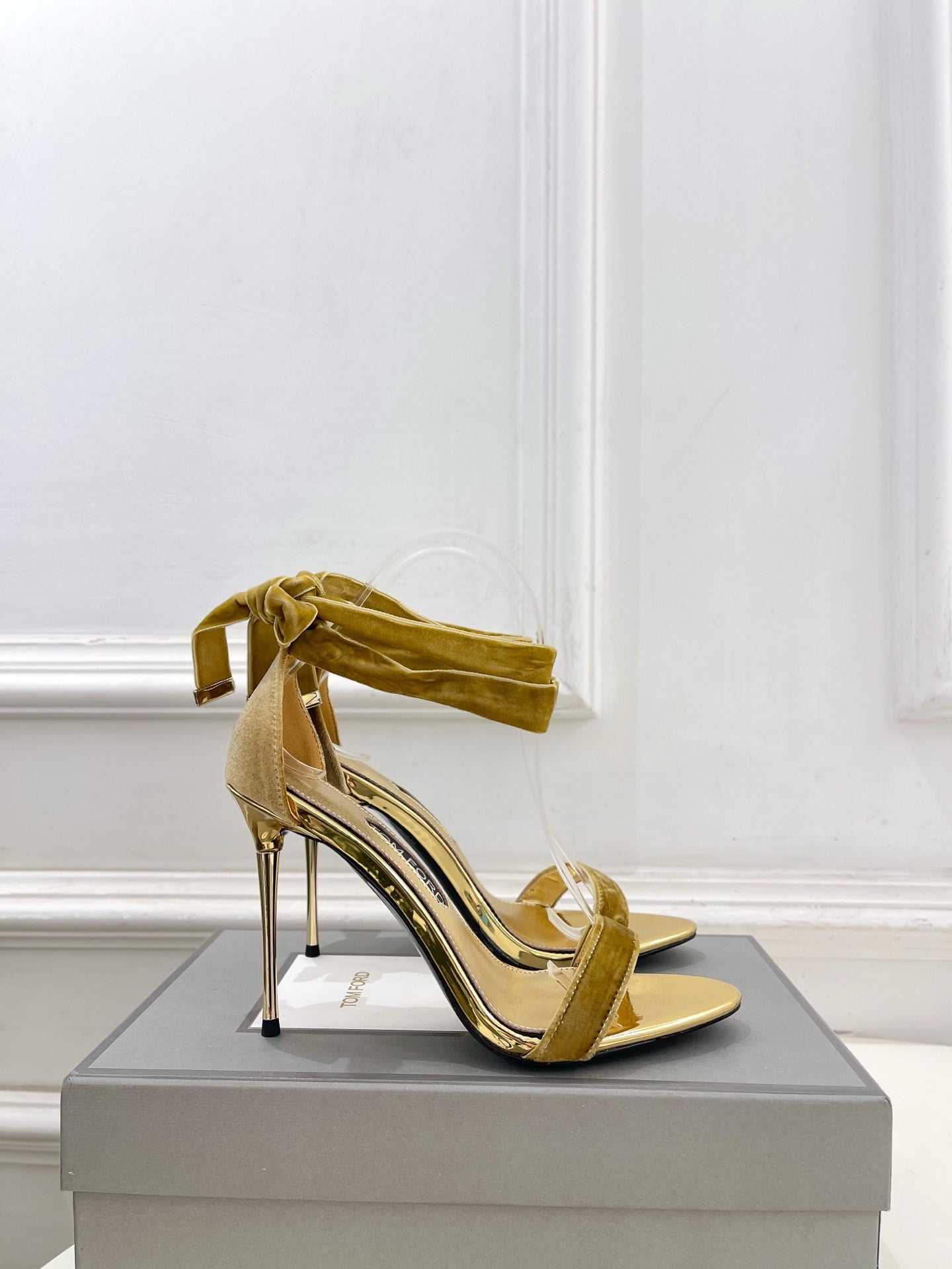 TOM FORD 26S HIGH-HEELED SANDALS 105 MM IN BROWN FABRIC AND GOLD CALFSKIN