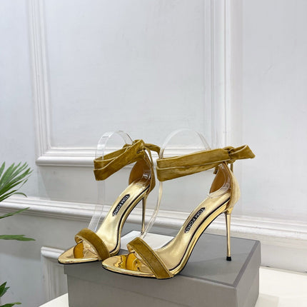 TOM FORD 26S HIGH-HEELED SANDALS 105 MM IN BROWN FABRIC AND GOLD CALFSKIN