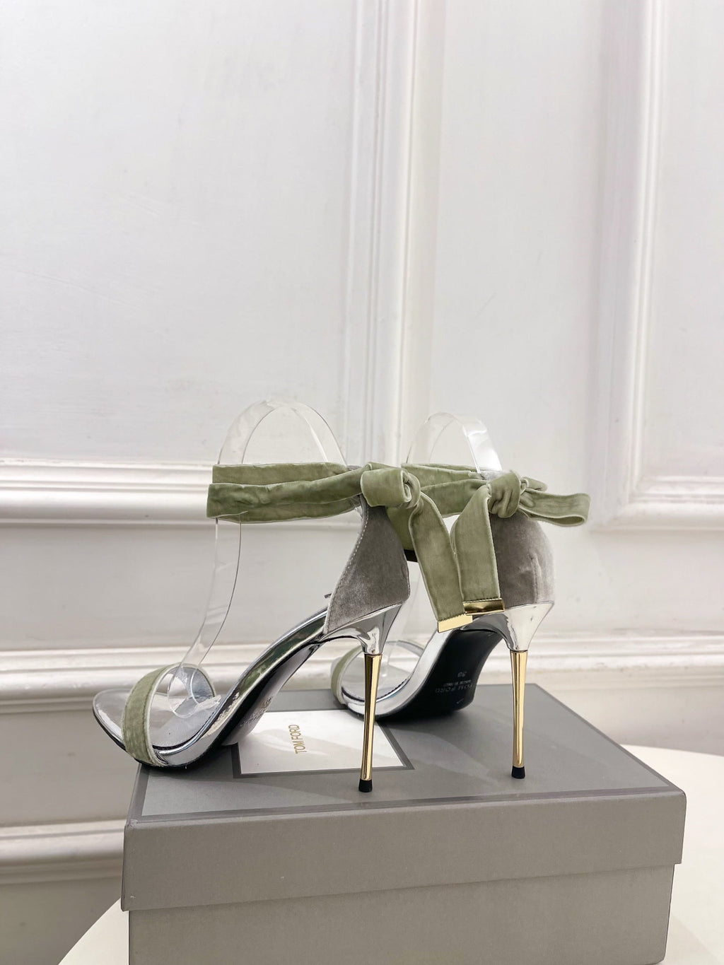 TOM FORD 26S HIGH-HEELED SANDALS 105 MM IN LIGHT GREEN FABRIC AND SILVER CALFSKIN