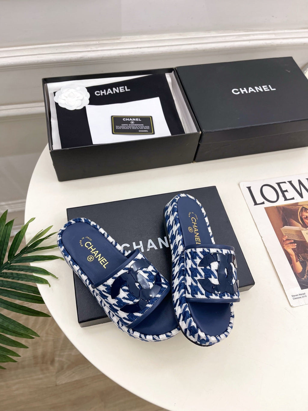 CHANEL 26S SANDALS 35 MM IN NAVY BLUE TWEED