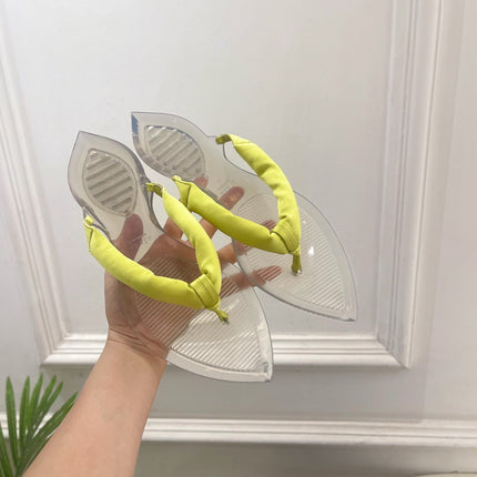 ALAIA 26S THONG SANDALS IN LIGHT YELLOW SATIN AND TRANSPARENT PVC