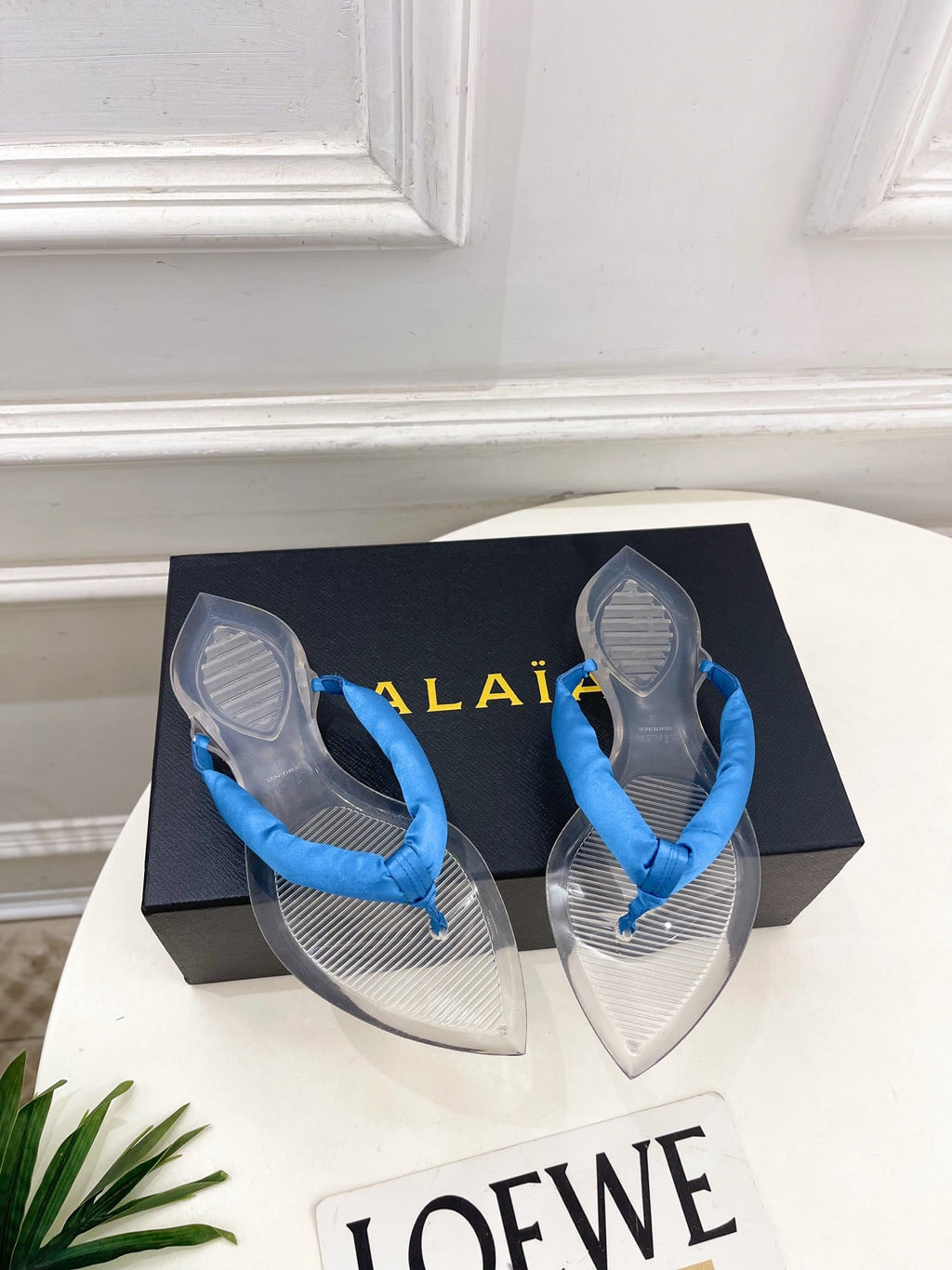 ALAIA 26S THONG SANDALS IN BLUE SATIN AND TRANSPARENT PVC