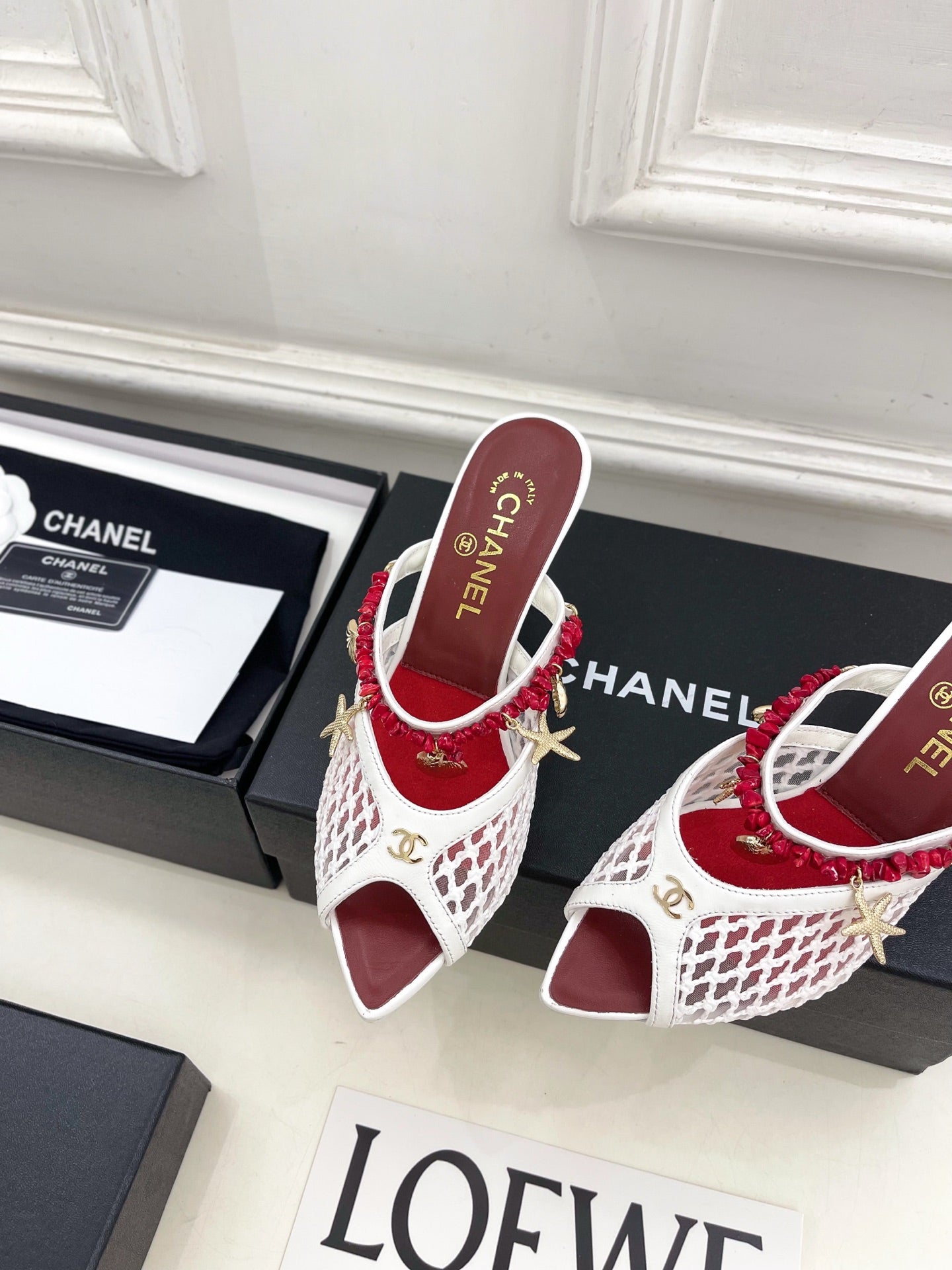 CHANEL 26S STARFISH EMBELLISHED MULE IN WHITE RED LEATHER & MESH