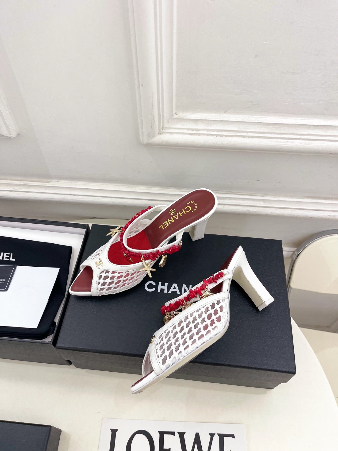 CHANEL 26S STARFISH EMBELLISHED MULE IN WHITE RED LEATHER & MESH