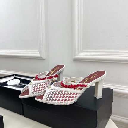 CHANEL 26S STARFISH EMBELLISHED MULE IN WHITE RED LEATHER & MESH