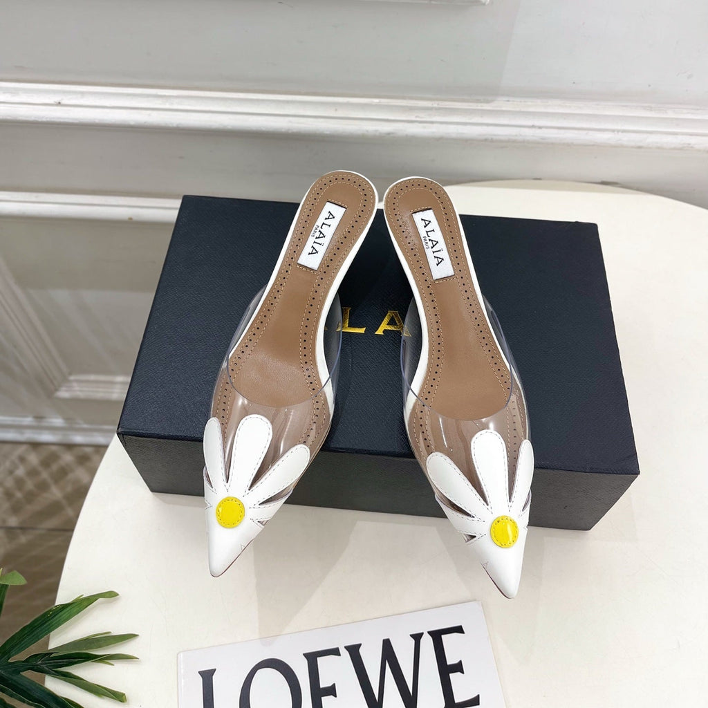 ALAIA 26S MULE HEELS 55 MM IN WHITE LAMBSKIN AND TRANSPARENT PVC