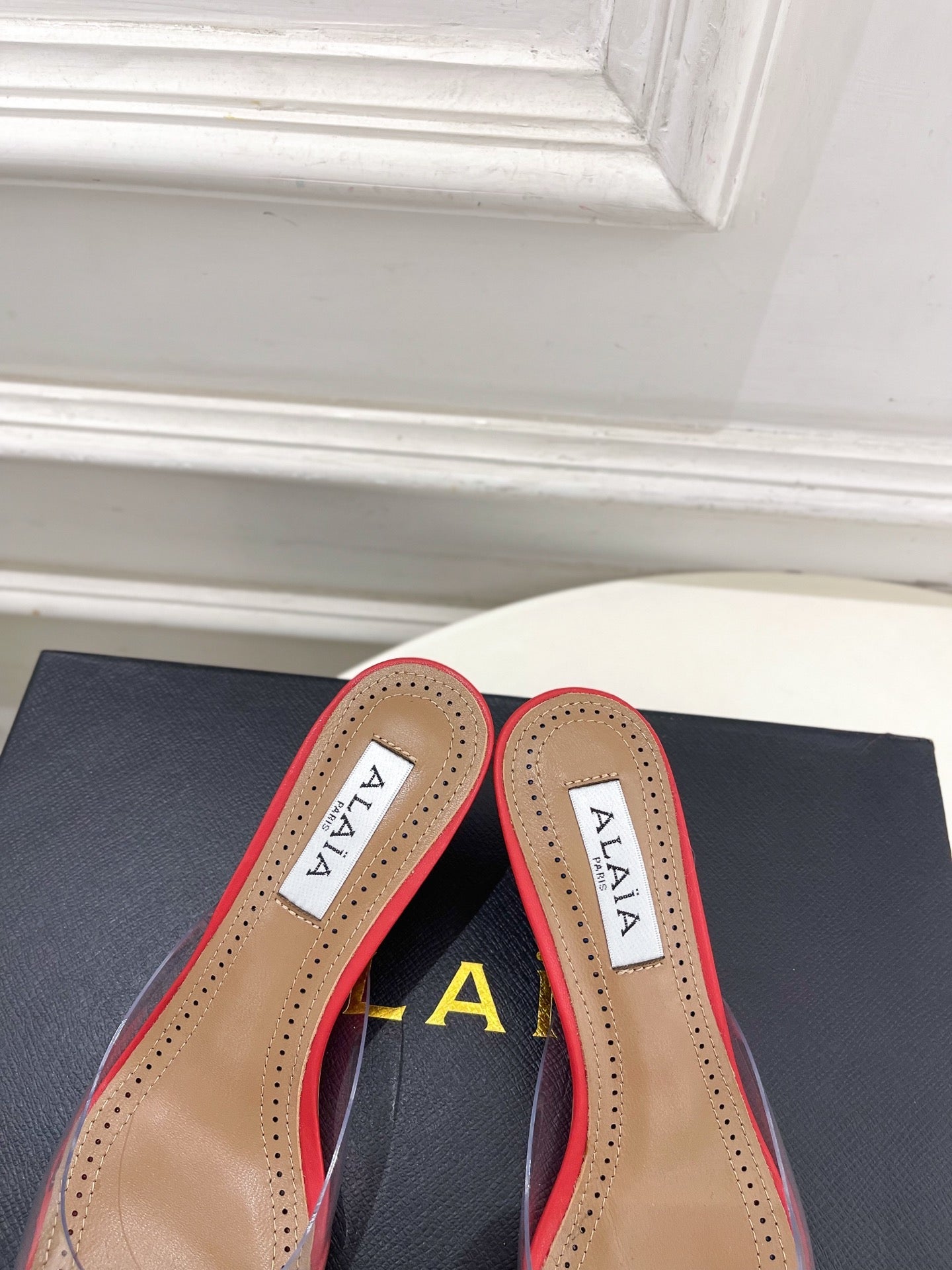 ALAIA 26S MULE HEELS 55 MM IN DARK RED LAMBSKIN AND TRANSPARENT PVC