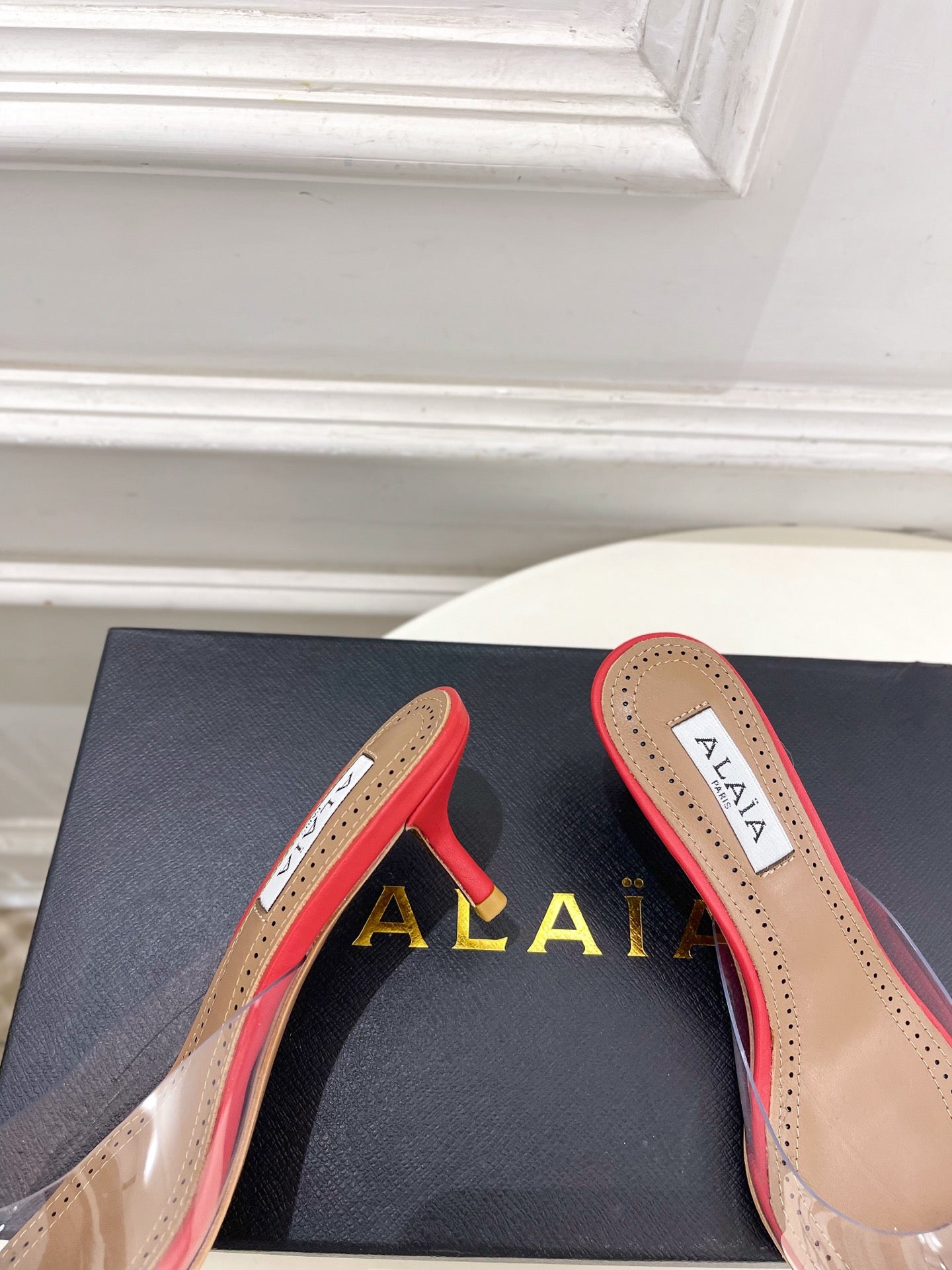 ALAIA 26S MULE HEELS 55 MM IN DARK RED LAMBSKIN AND TRANSPARENT PVC