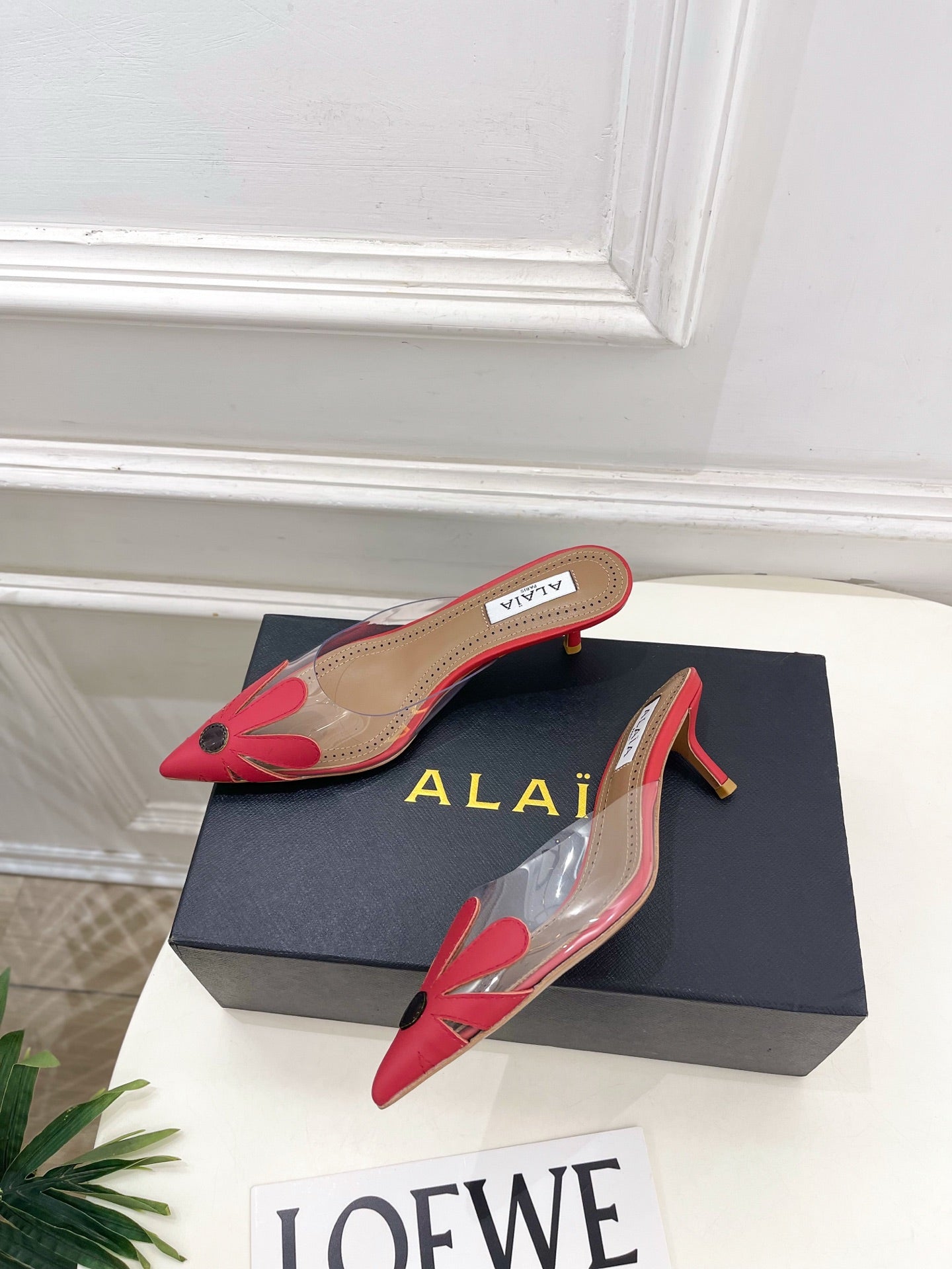 ALAIA 26S MULE HEELS 55 MM IN DARK RED LAMBSKIN AND TRANSPARENT PVC