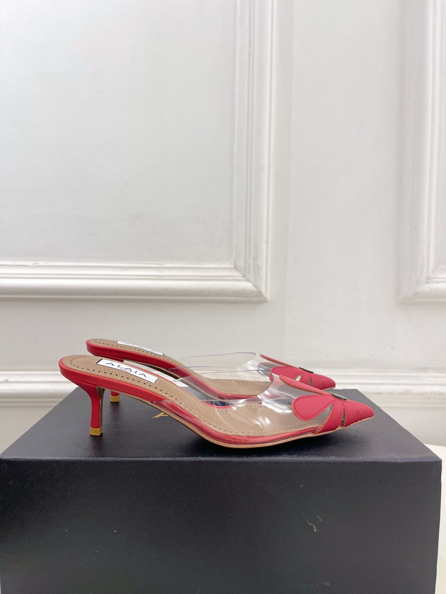 ALAIA 26S MULE HEELS 55 MM IN DARK RED LAMBSKIN AND TRANSPARENT PVC