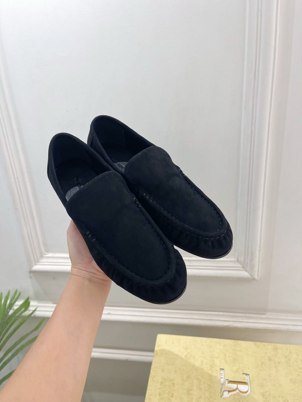 THE ROW 26S MOCCASIN LOAFERS 20MM IN BLACK SUEDE