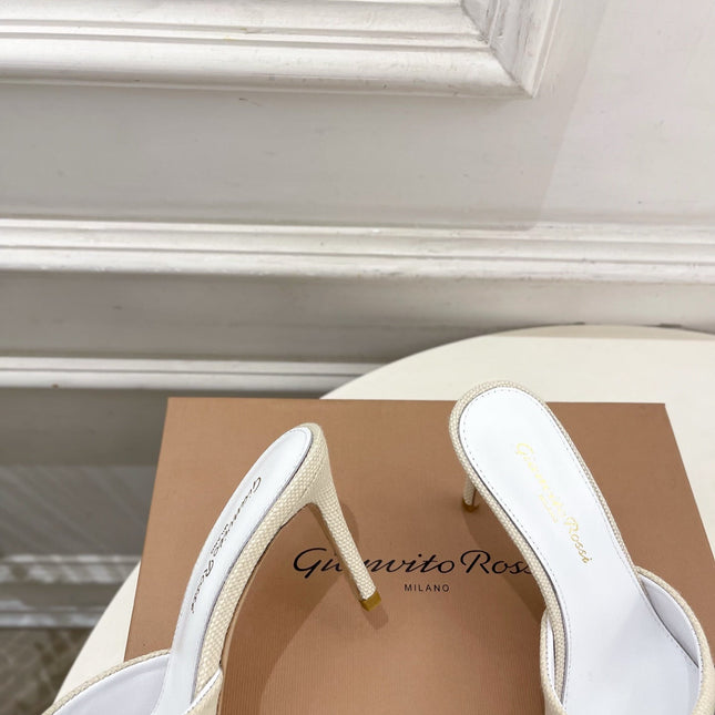 GIANVITO ROSSI 26S HIGH-HEEL SANDALS 80 MM IN CREAM WHITE WOVEN FABRIC