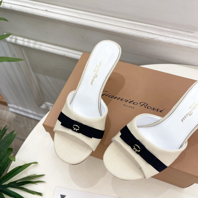 GIANVITO ROSSI 26S HIGH-HEEL SANDALS 80 MM IN CREAM WHITE WOVEN FABRIC