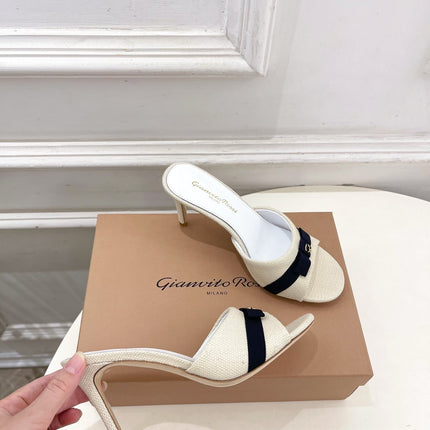 GIANVITO ROSSI 26S HIGH-HEEL SANDALS 80 MM IN CREAM WHITE WOVEN FABRIC