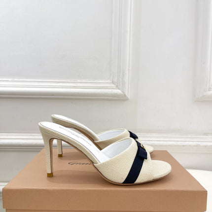 GIANVITO ROSSI 26S HIGH-HEEL SANDALS 80 MM IN CREAM WHITE WOVEN FABRIC