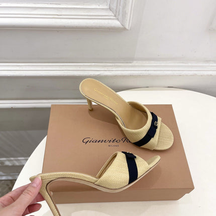 GIANVITO ROSSI 26S HIGH-HEEL SANDALS 80 MM IN BEIGE WOVEN FABRIC