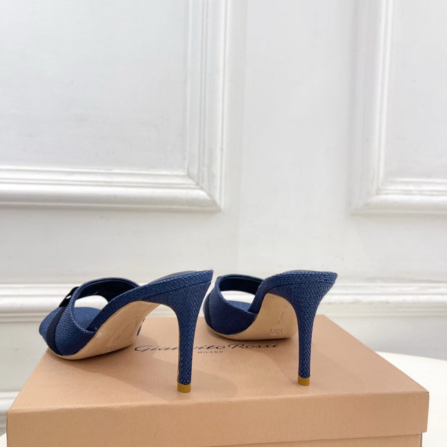 GIANVITO ROSSI 26S HIGH-HEEL SANDALS 80 MM IN NAVY BLUE WOVEN FABRIC