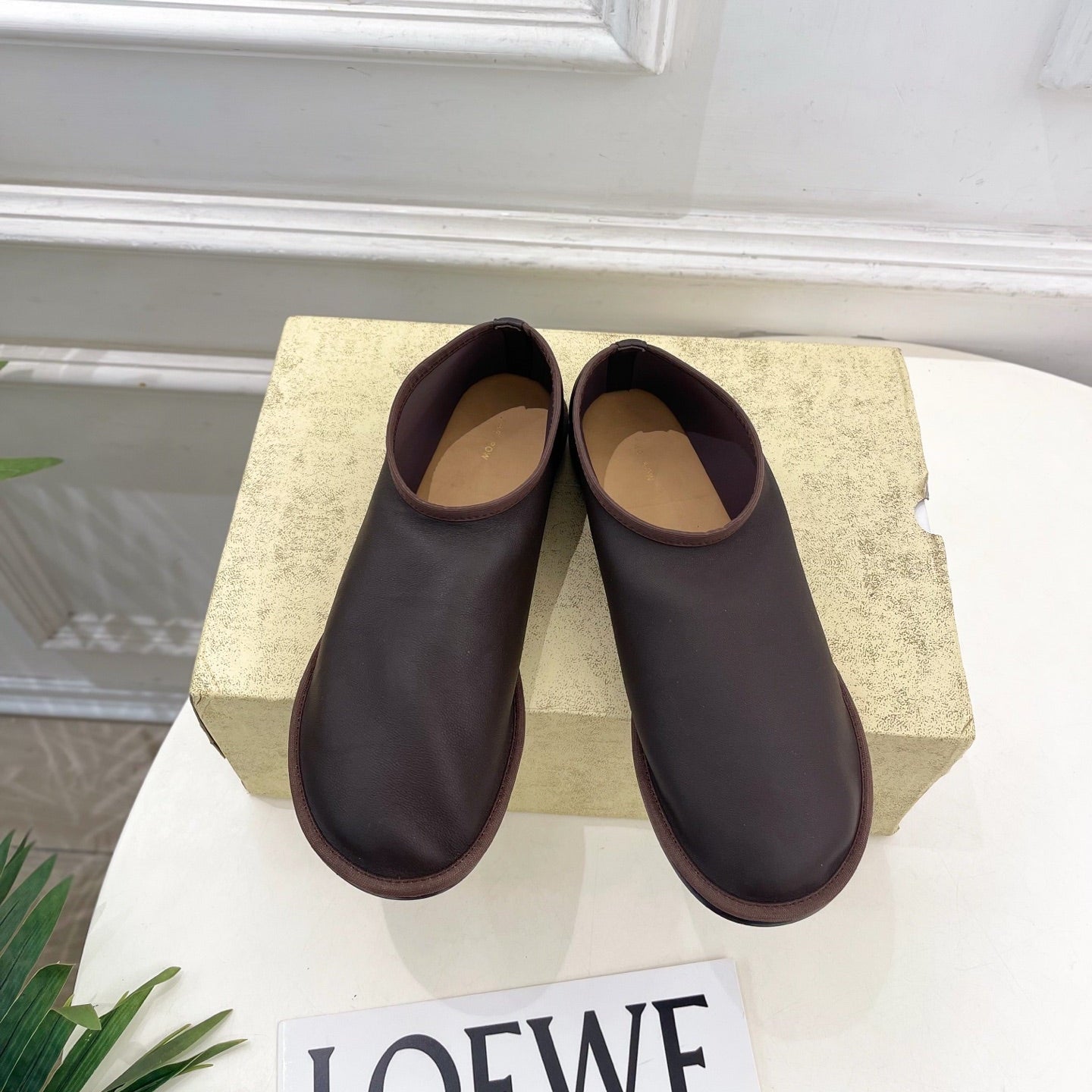 THE ROW 26S SLIP-ON FLATS IN DARK BROWN NAPPA CALFSKIN