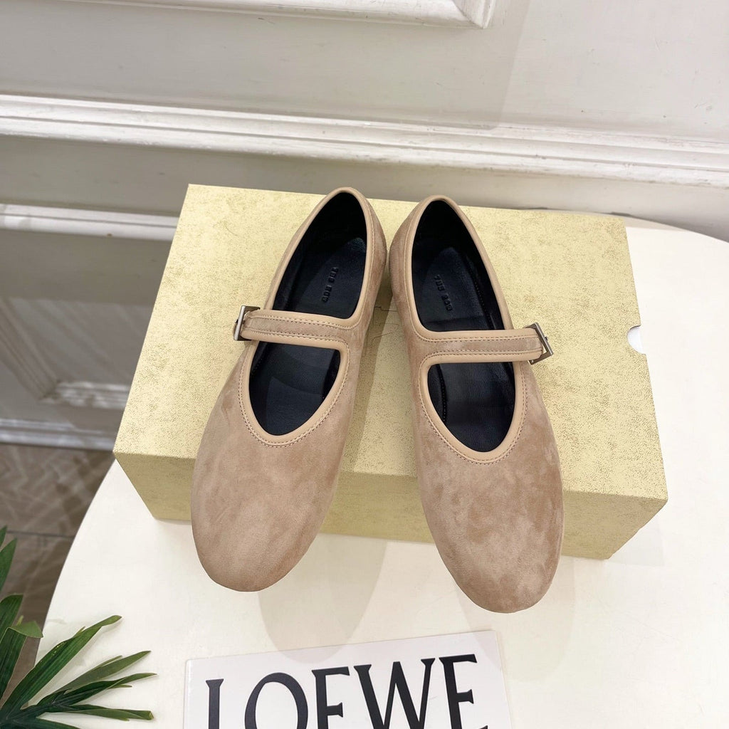 THE ROW 26S ROUND TOE MARY JANE FLATS IN LIGHT BROWN SUEDE