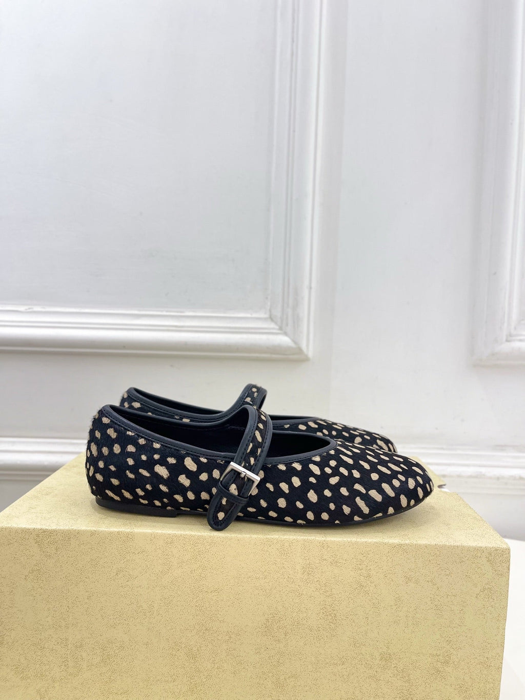 THE ROW 26S ROUND TOE MARY JANE FLATS IN BLACK LEOPARD CALF HAIR