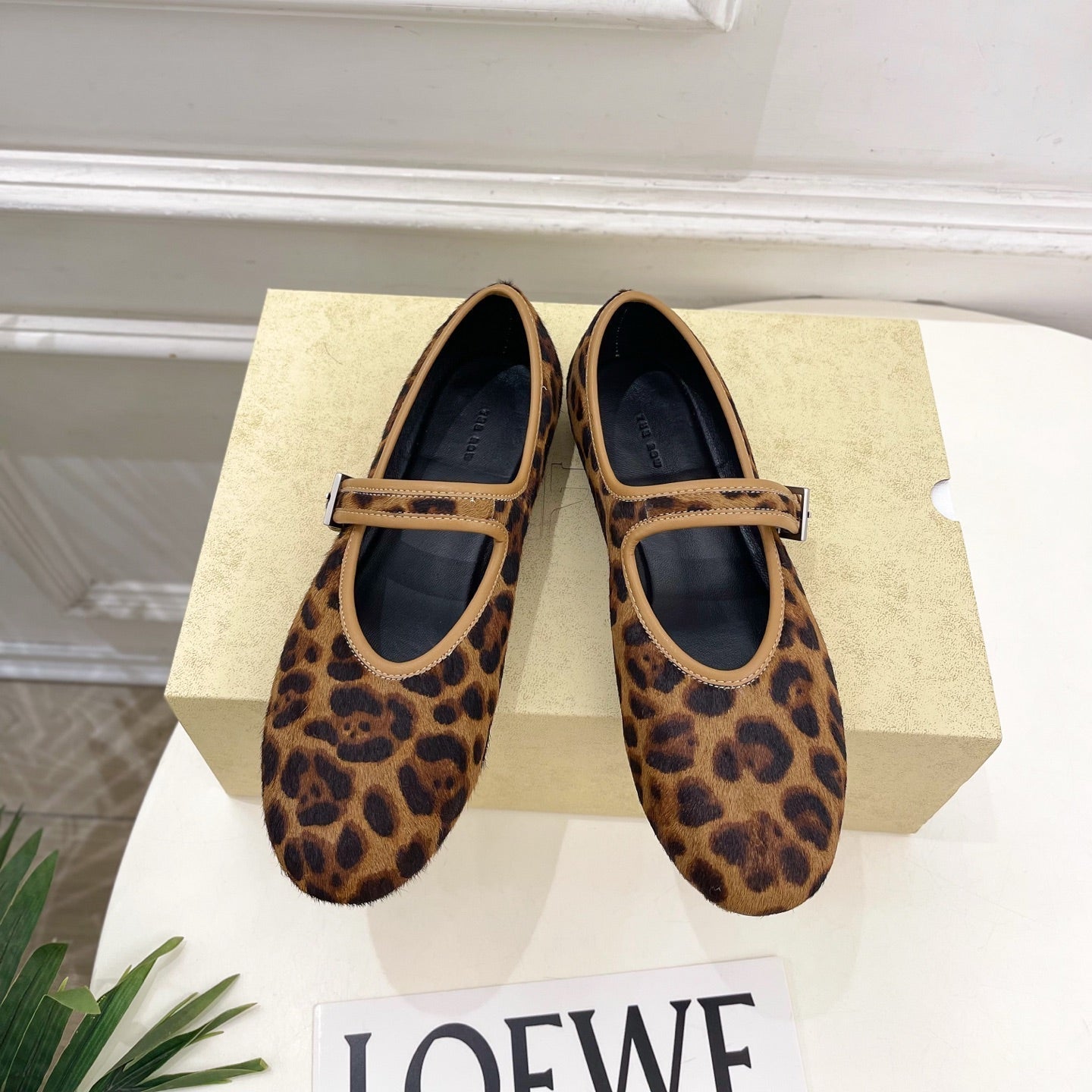 THE ROW 26S ROUND TOE MARY JANE FLATS IN BROWN LEOPARD CALF HAIR