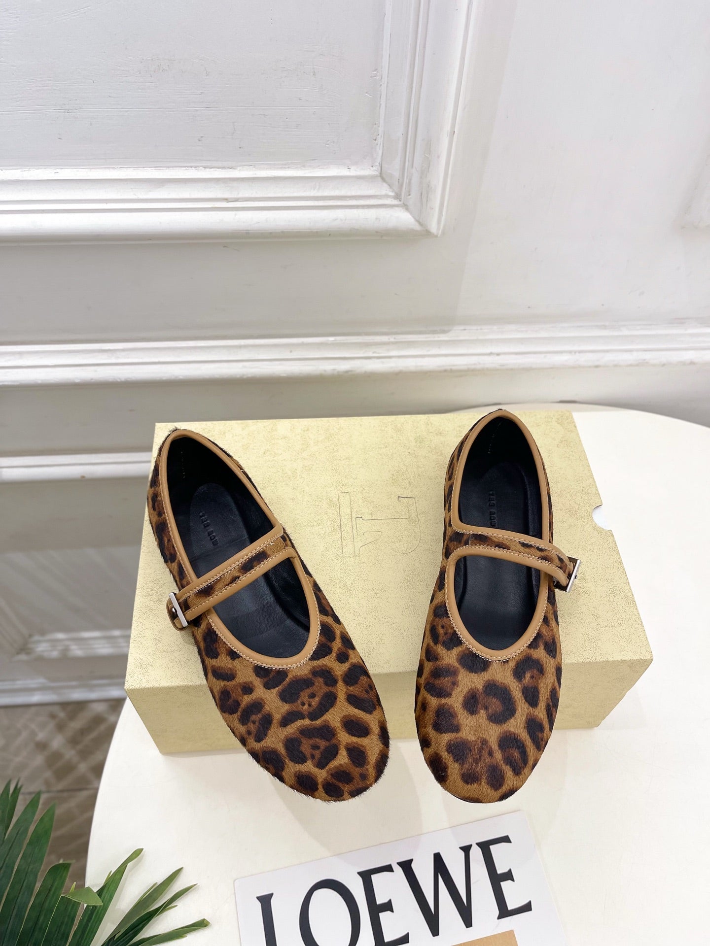 THE ROW 26S ROUND TOE MARY JANE FLATS IN BROWN LEOPARD CALF HAIR