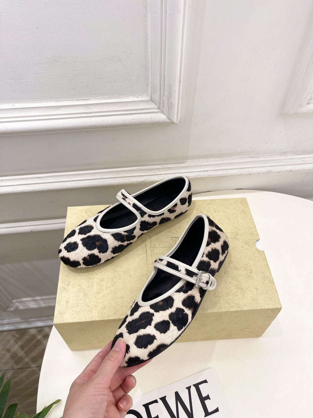 THE ROW 26S ROUND TOE MARY JANE FLATS IN LEOPARD CALF HAIR