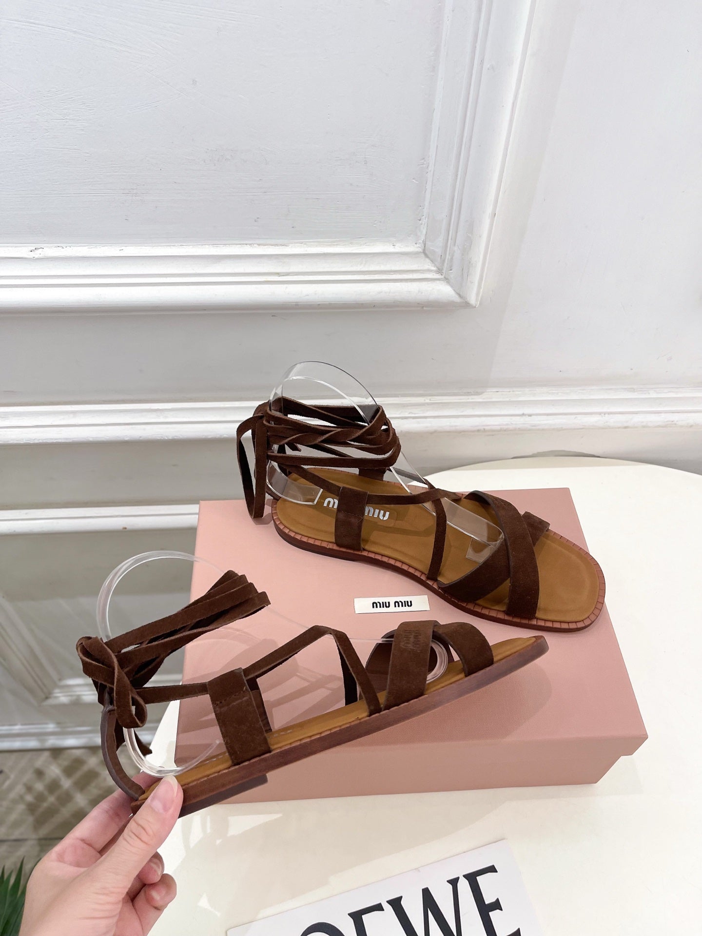 MIUMIU 26S LACE-UP SANDALS IN DARK BROWN SUEDE
