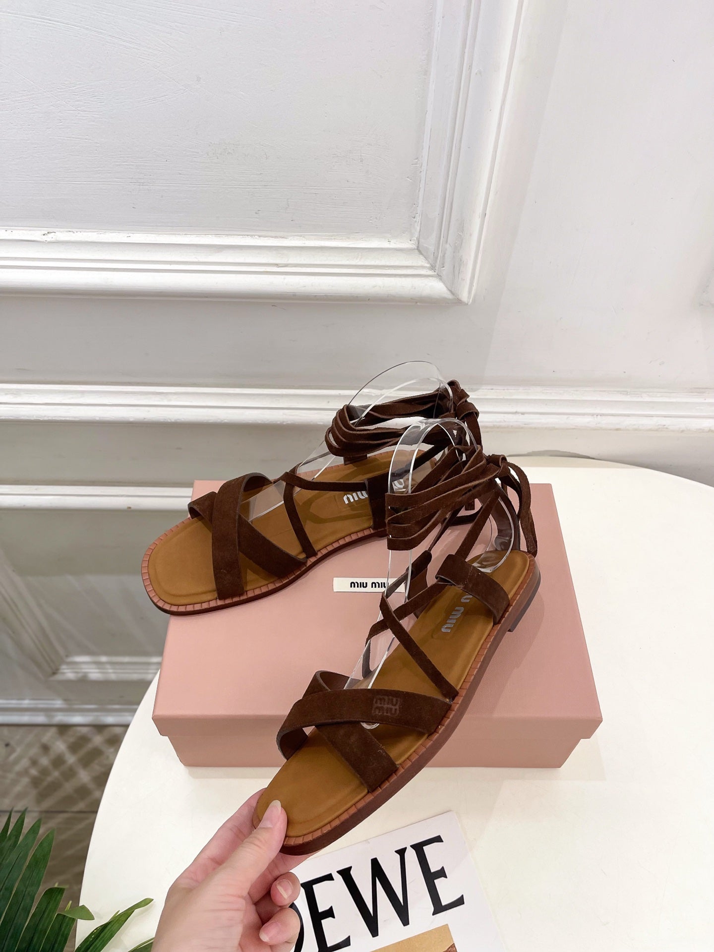 MIUMIU 26S LACE-UP SANDALS IN DARK BROWN SUEDE