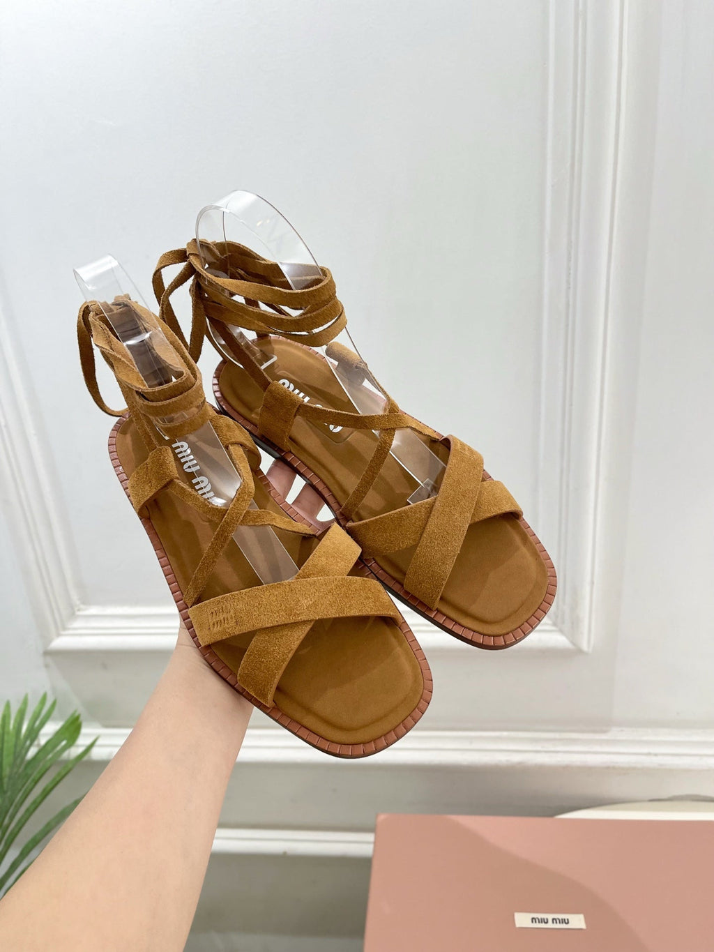 MIUMIU 26S LACE-UP SANDALS IN CARAMEL BROWN SUEDE