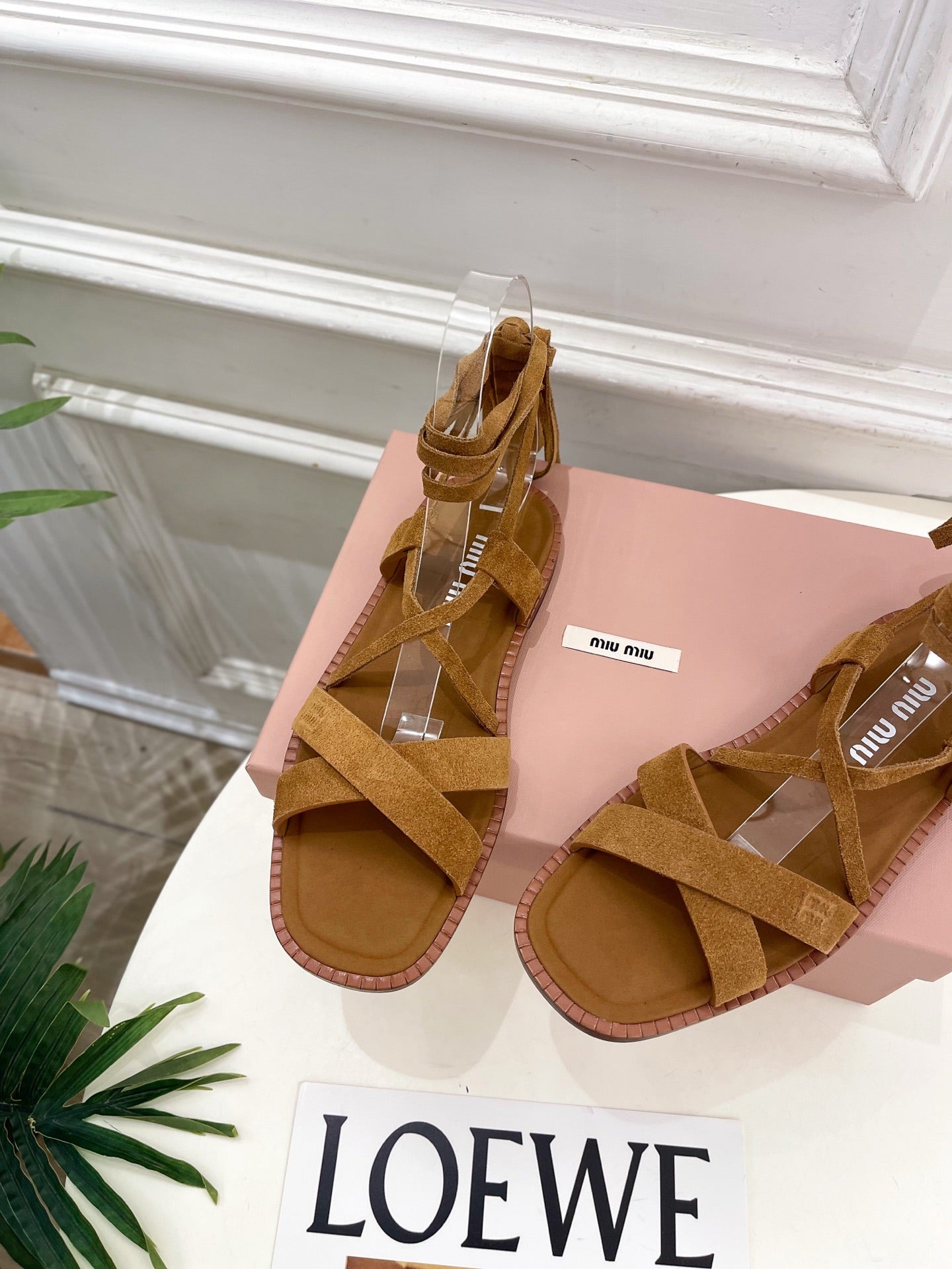 MIUMIU 26S LACE-UP SANDALS IN CARAMEL BROWN SUEDE
