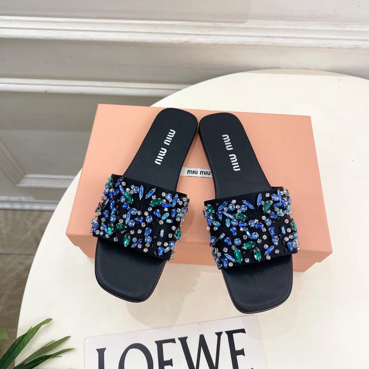 MIUMIU 26S SLIDES IN BLACK SATIN CRYSTAL EMBELLISHED