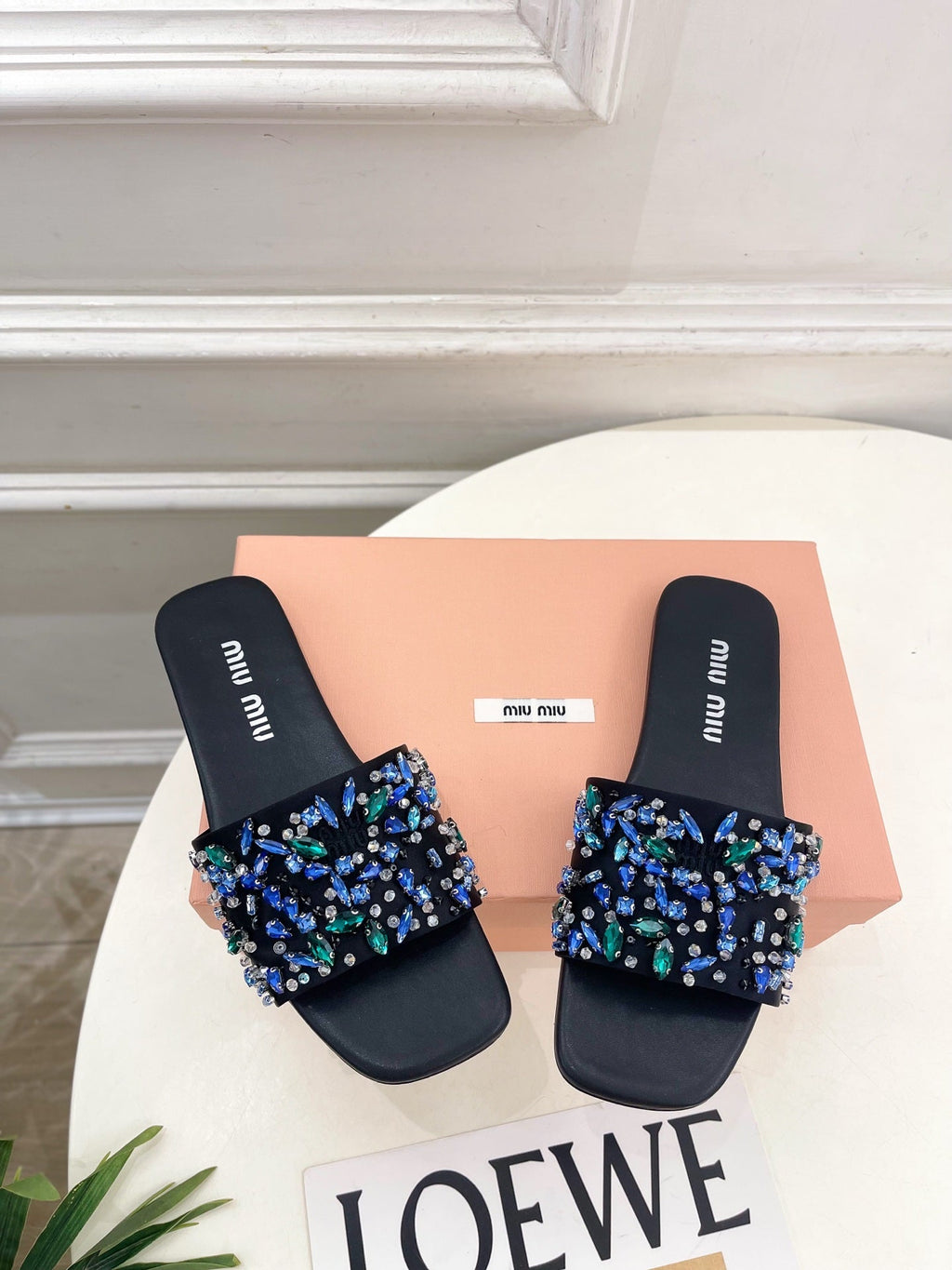 MIUMIU 26S SLIDES IN BLACK SATIN CRYSTAL EMBELLISHED