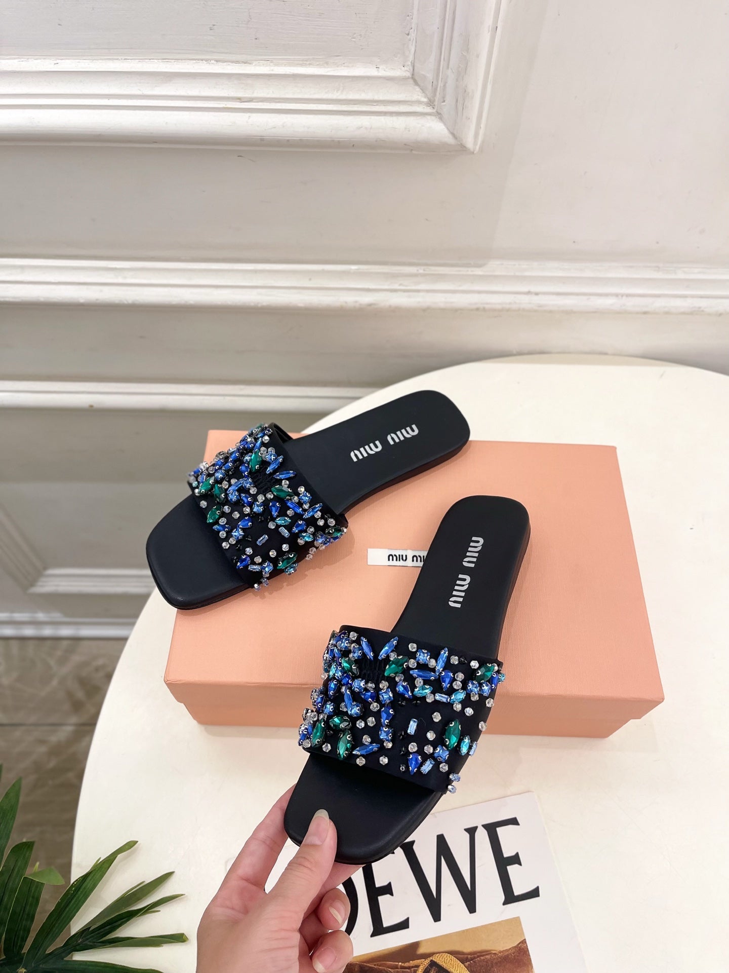 MIUMIU 26S SLIDES IN BLACK SATIN CRYSTAL EMBELLISHED