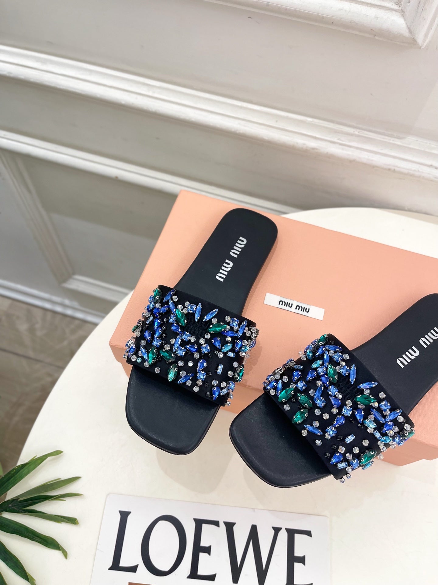 MIUMIU 26S SLIDES IN BLACK SATIN CRYSTAL EMBELLISHED